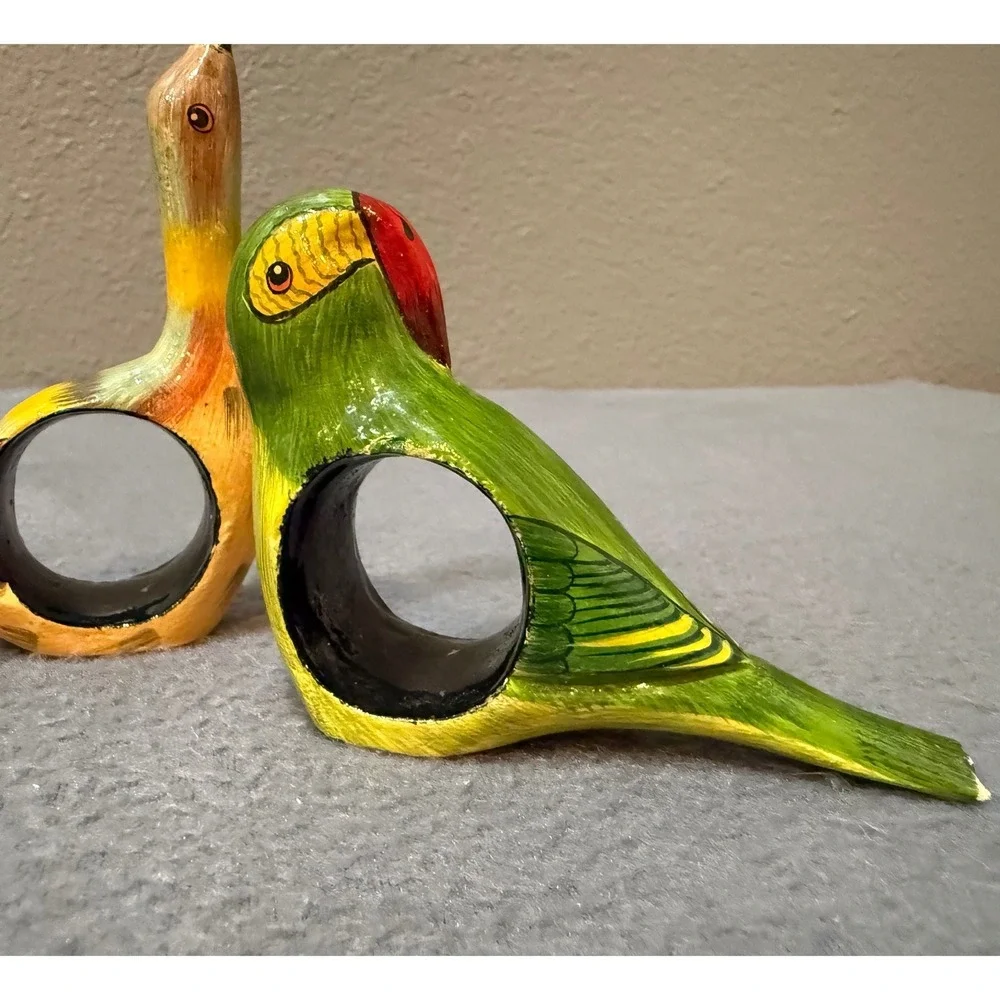 Vintage Hand Painted Wooden Bird Napkin Rings Set of 4 Tropical Folk Art Decor